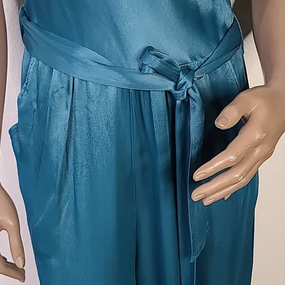 Jumpsuit Size Large Teal Green Satin Dressy Culotte Pants Drape Front Festive - Picture 3 of 9